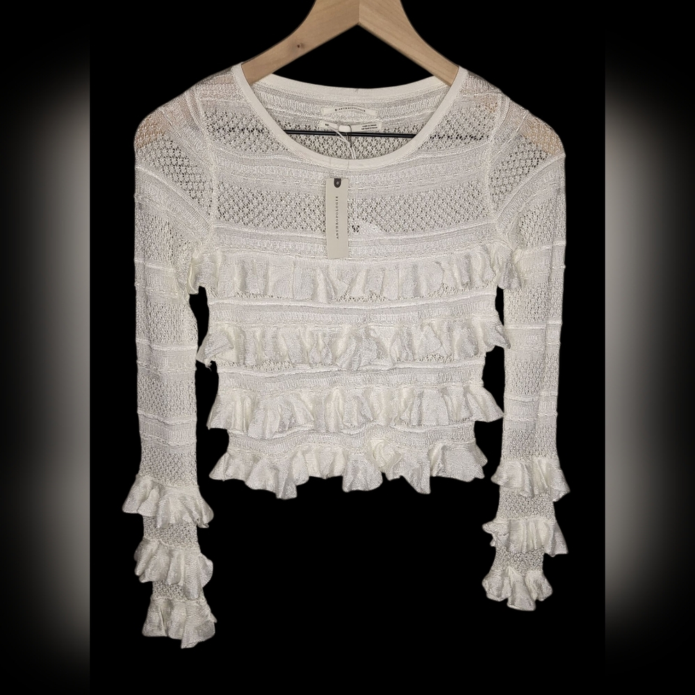 Anthropologie Ruffle Crochet Sweater Blouse Ivory Size XXS New